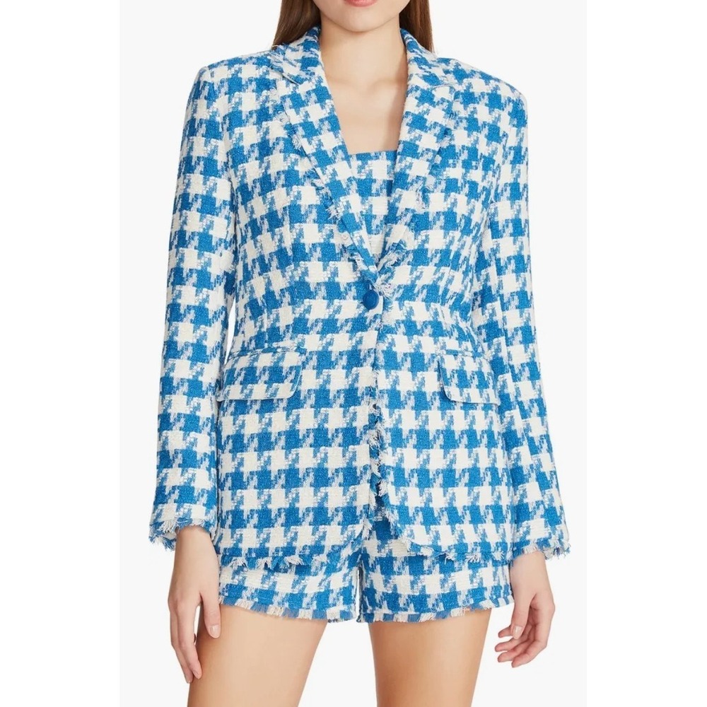 Steven Madden Women's Harlow Large Blue‎ & White Houndstooth Tweed Blazer/Jacket